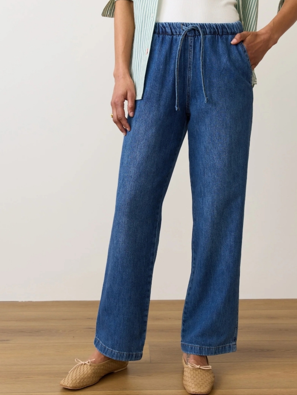 Vintage Wide Leg Convertible Blue Jeans Pull On Drawstring Waist Papagallo L